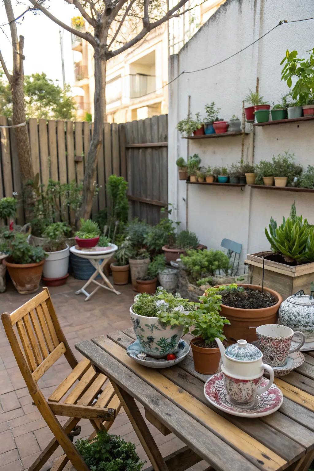 Repurposed items serve as unique planters on a patio.