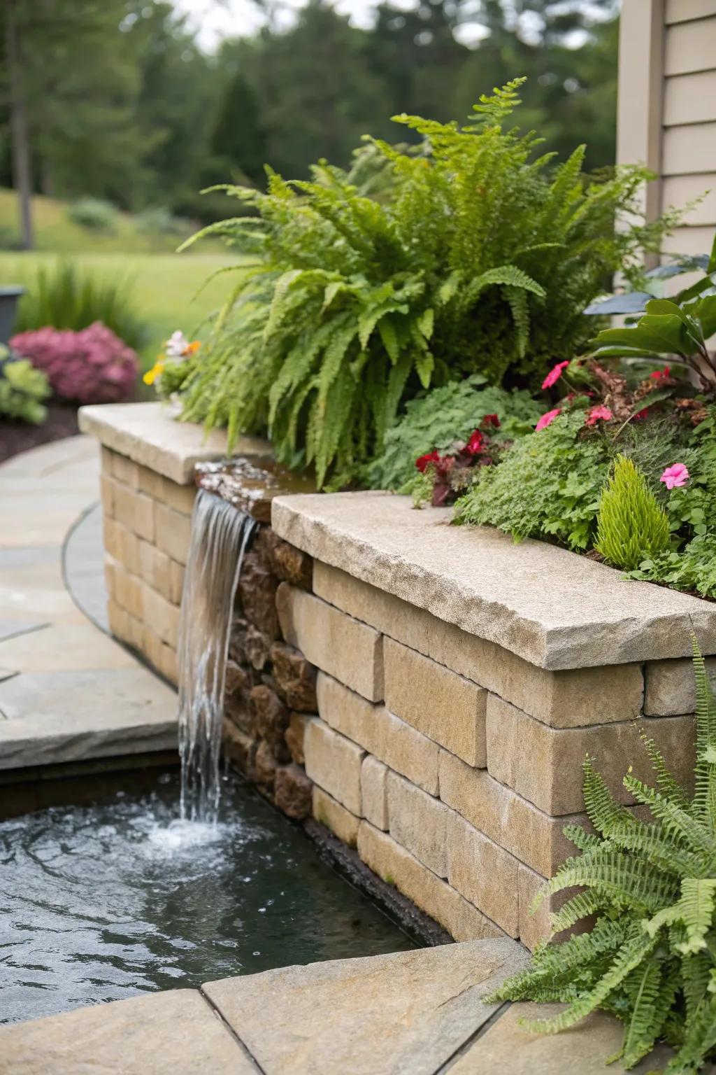 Water features in retaining walls add tranquility and charm.