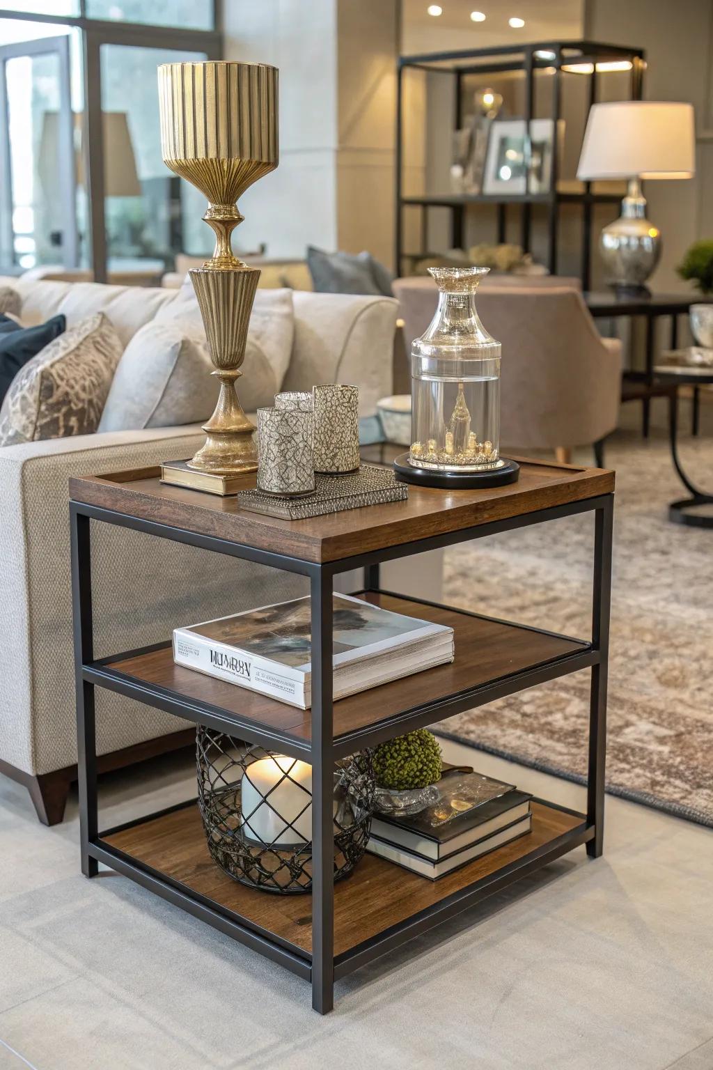 Mixed materials add texture and interest to a side table.