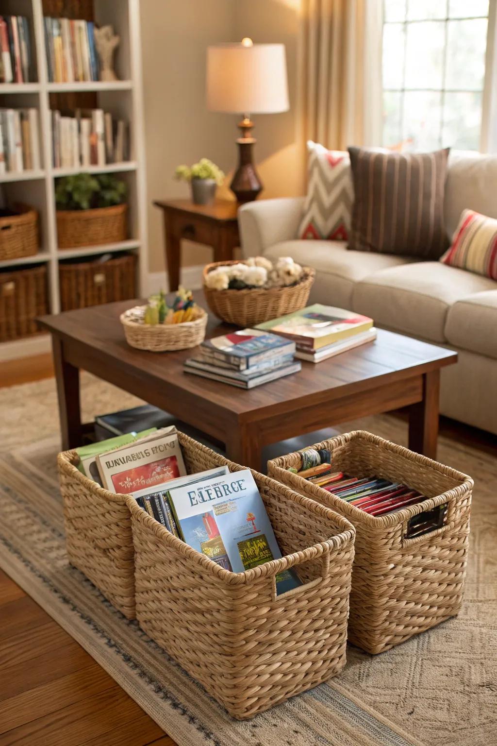 Decorative baskets in a living room, providing stylish storage.