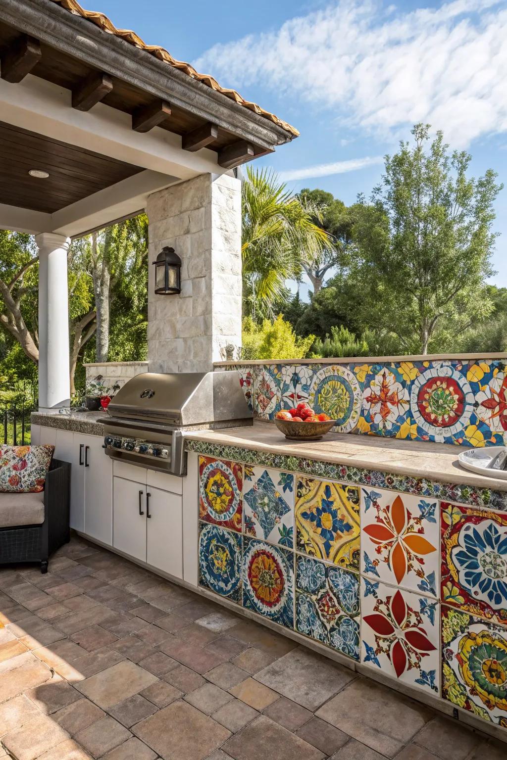 A vibrant Spanish tile backsplash serves as a stunning focal point in this outdoor kitchen.