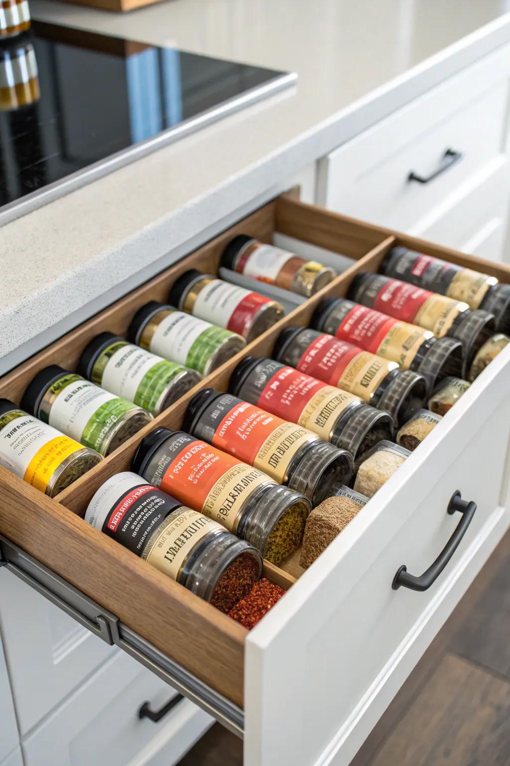 Drawer dividers create a dedicated spice zone.