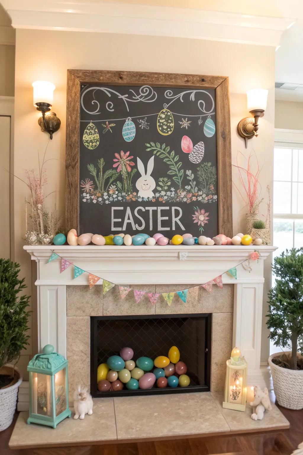 A chalkboard adds versatility and charm to the mantel.