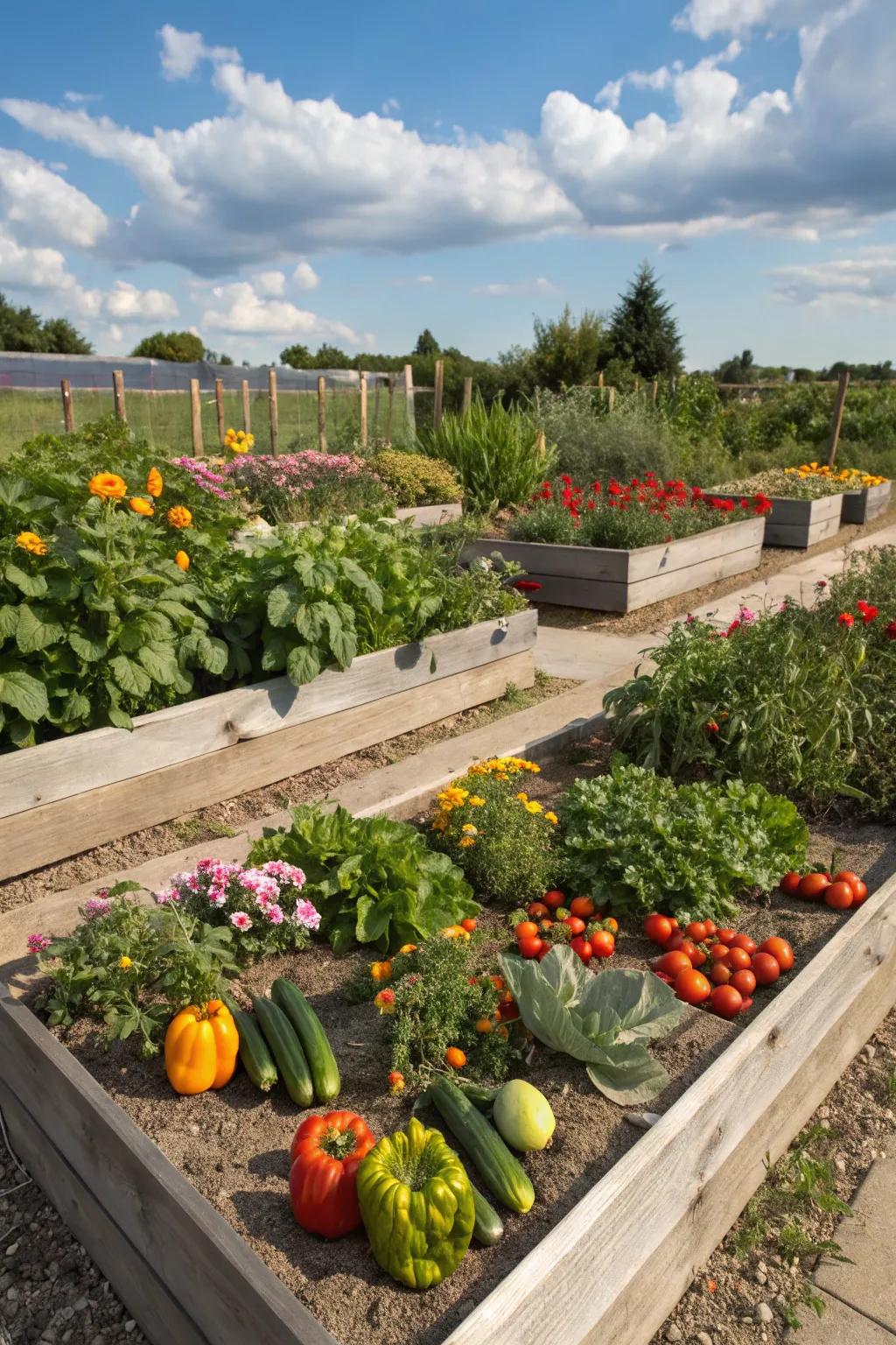 Raised garden beds provide easy access and excellent plant growth conditions.