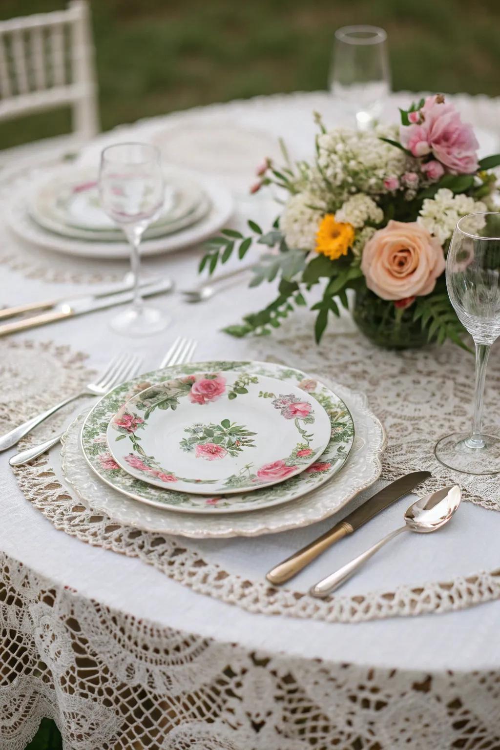 Lace tablecloths add a touch of vintage elegance to the table.