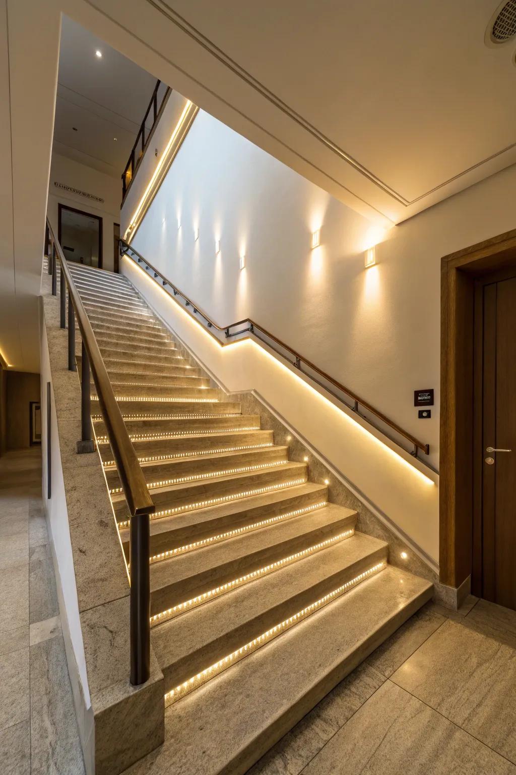 Lighting integrated into the trim enhances safety and ambiance.