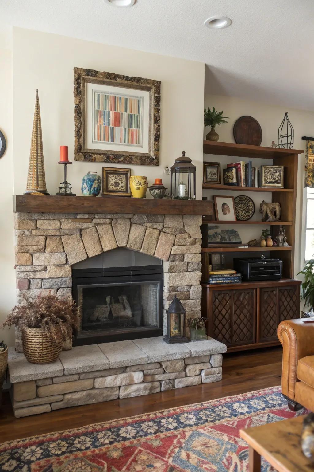 An eclectic space with a stone fireplace and a mixed-style mantel display.