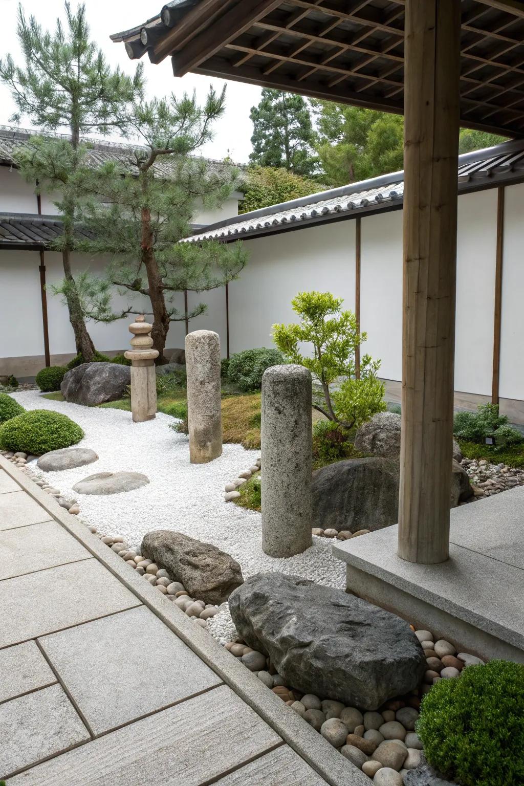 Create a serene oasis with stone pillars in your Zen garden.