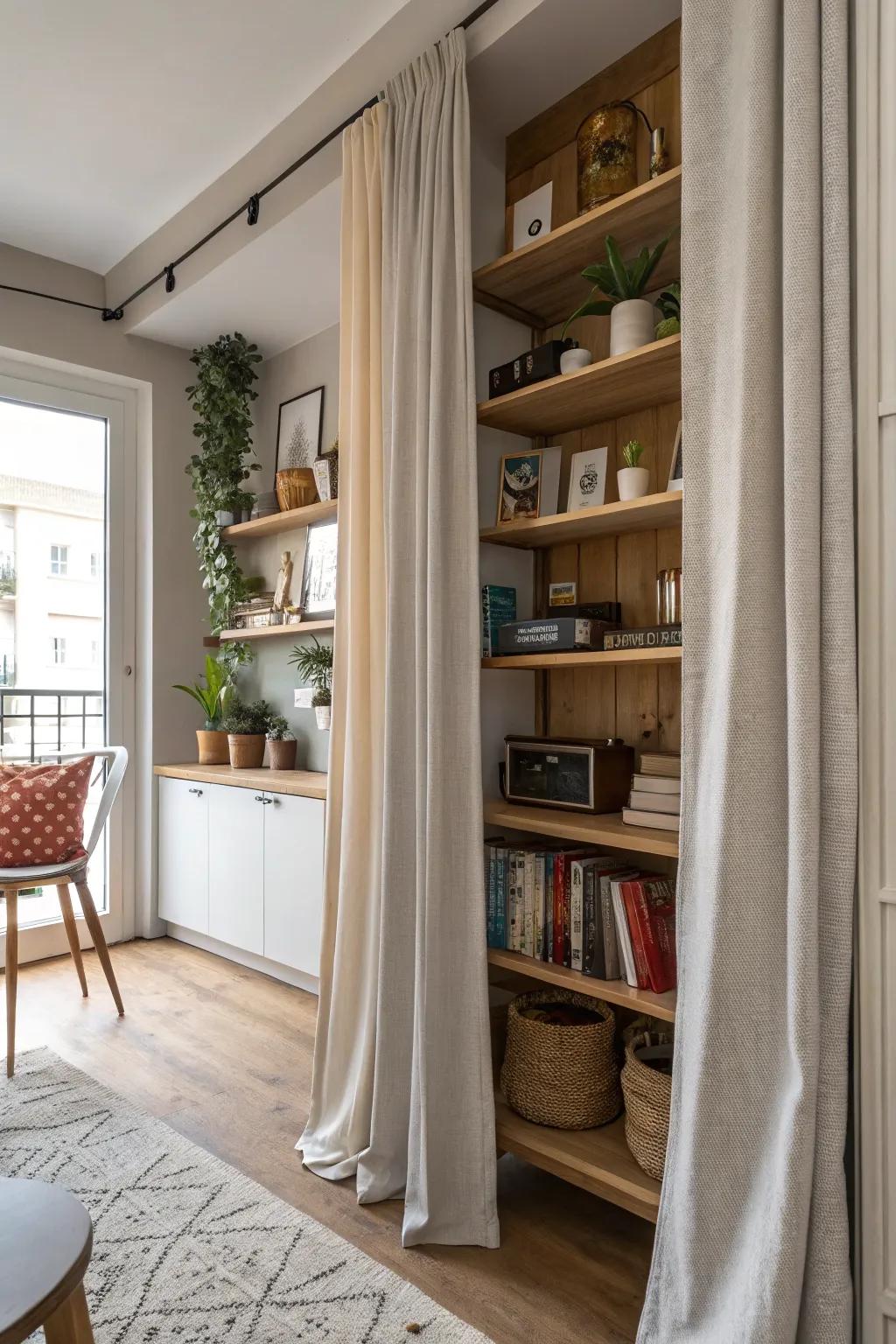 Studio apartment with curtain-covered shelving.