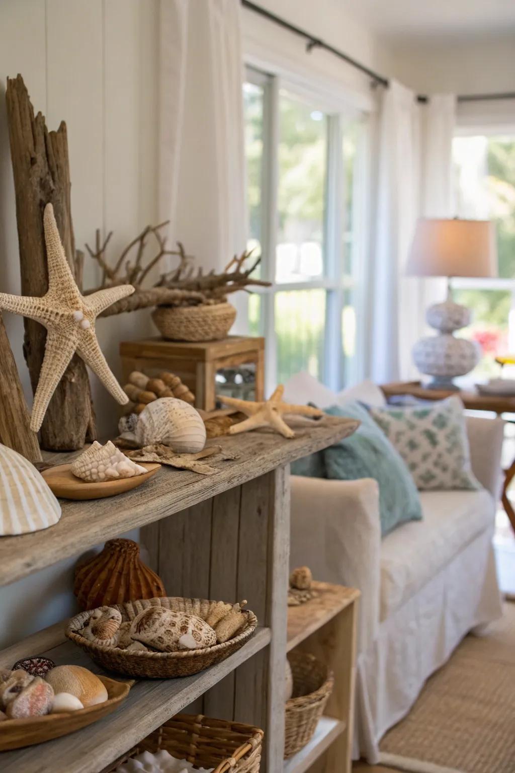 Natural elements like seashells and driftwood personalize the decor.