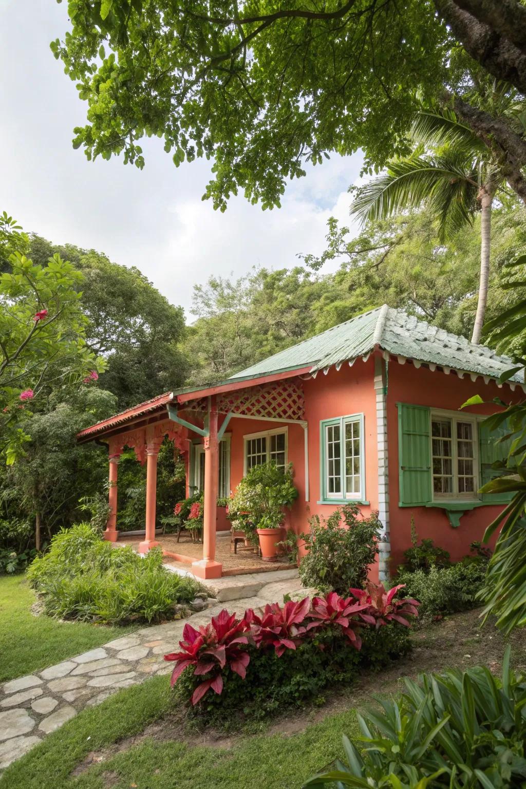 A summer house with a coral pop, adding joy and vibrancy to the garden.