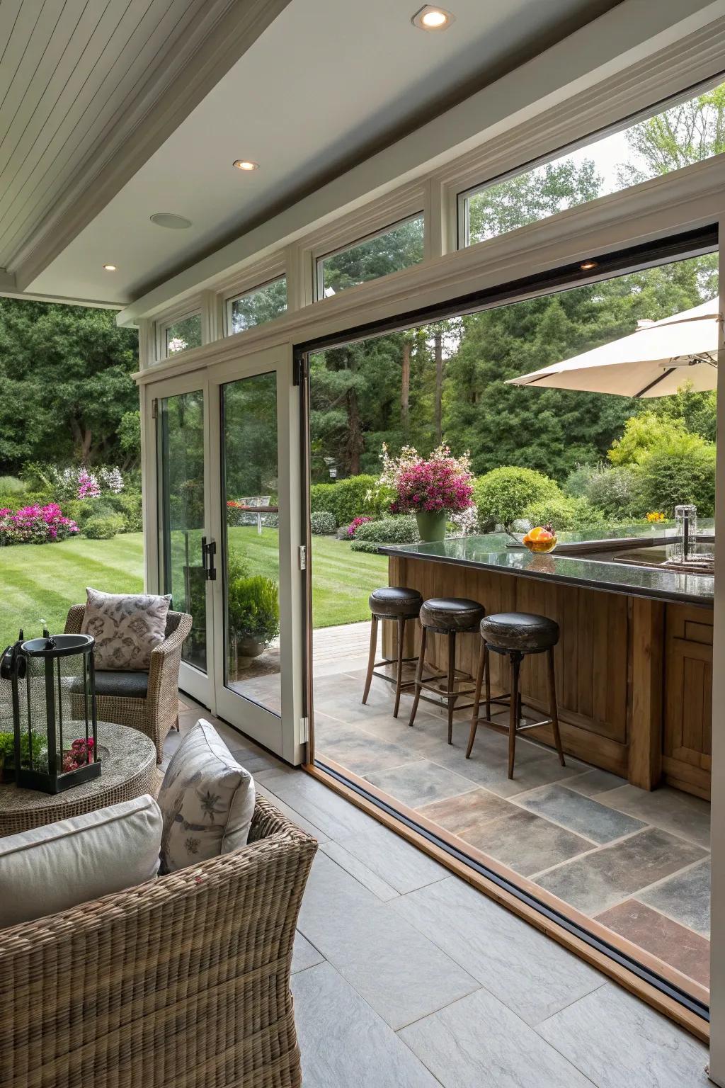 Seamless indoor-outdoor transitions invite nature into your sunroom bar.