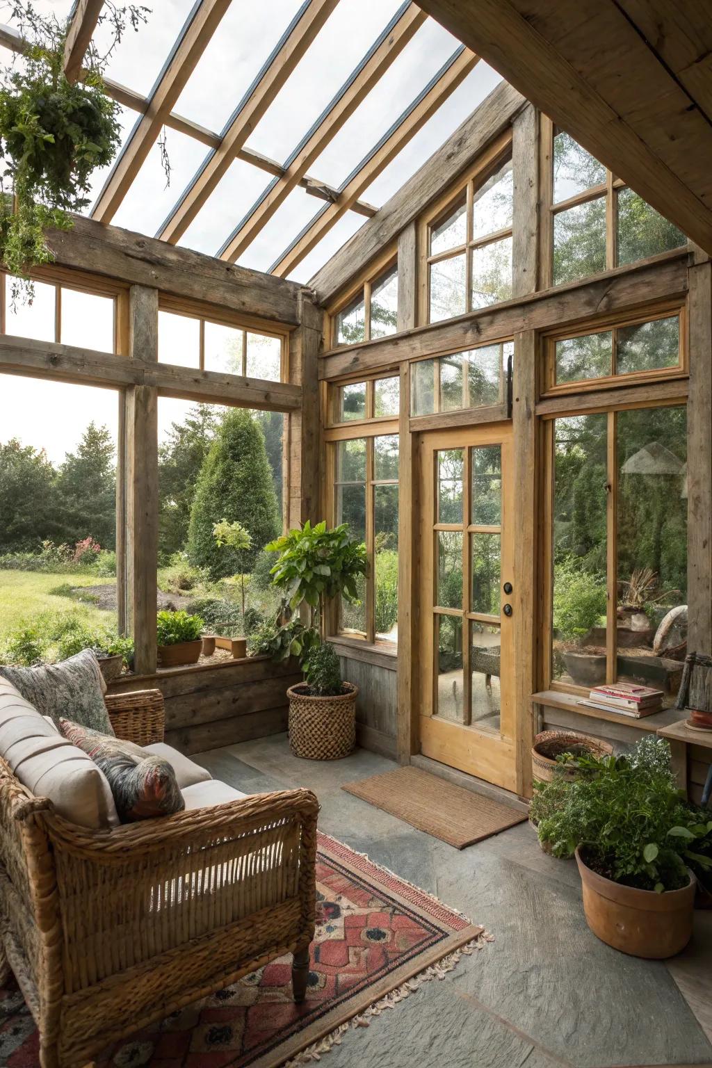 Reclaimed materials add unique character to your sunroom windows.