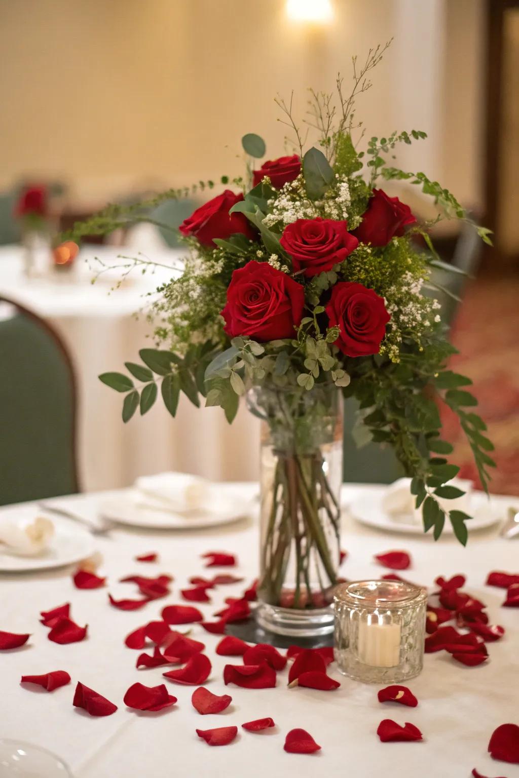 A love-filled centerpiece with rose petals and floral arrangements.