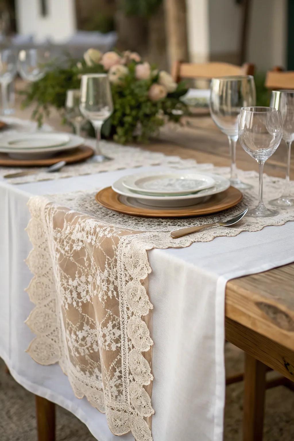 Lace table runner for a romantic and elegant dining setting.