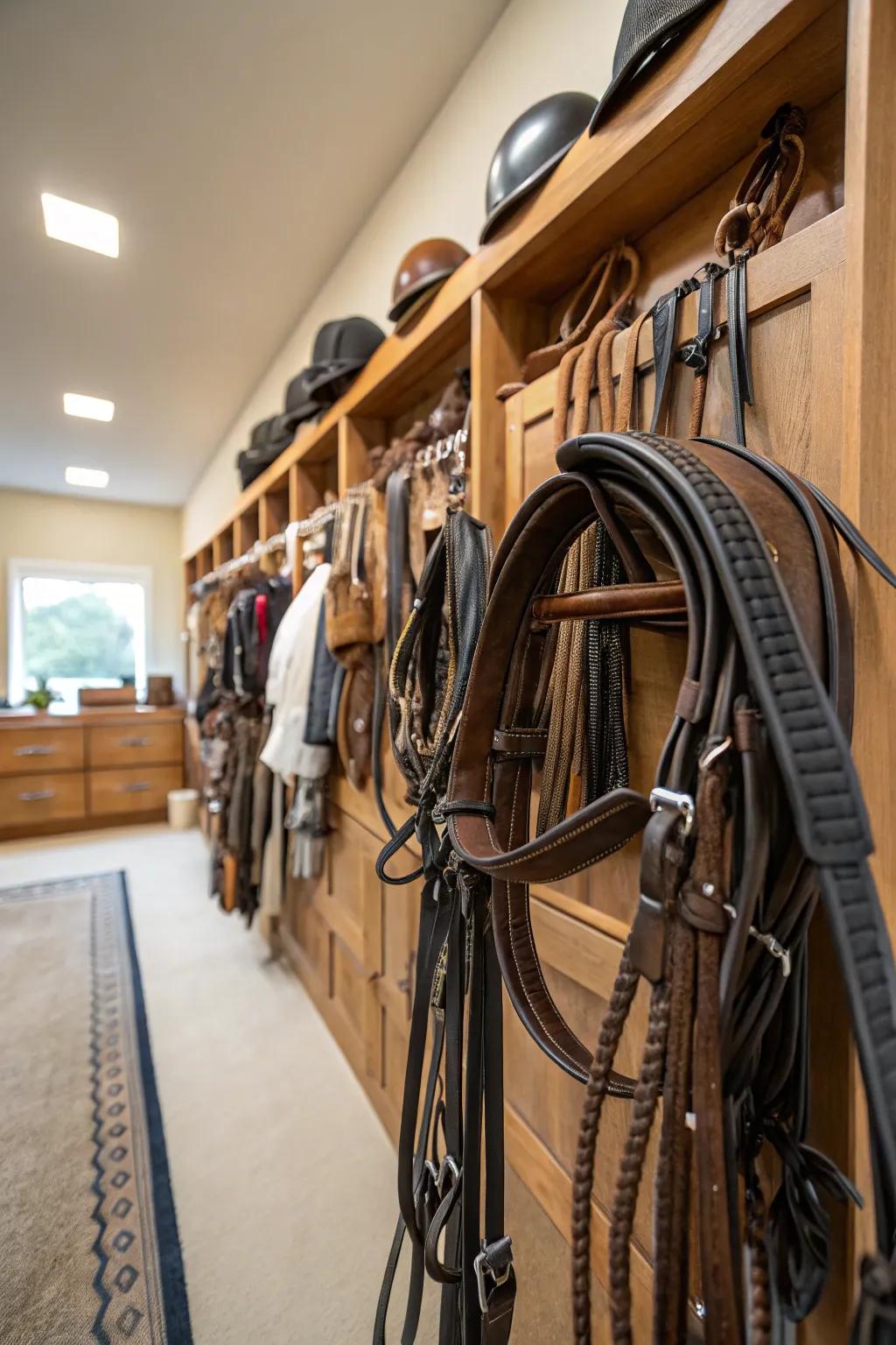 Custom bridle racks adding flair and organization to a tack room.