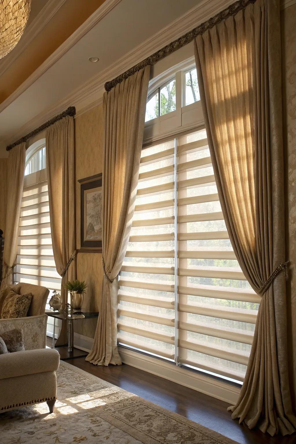 Layered window treatments add luxury and functionality to the tan bedroom.