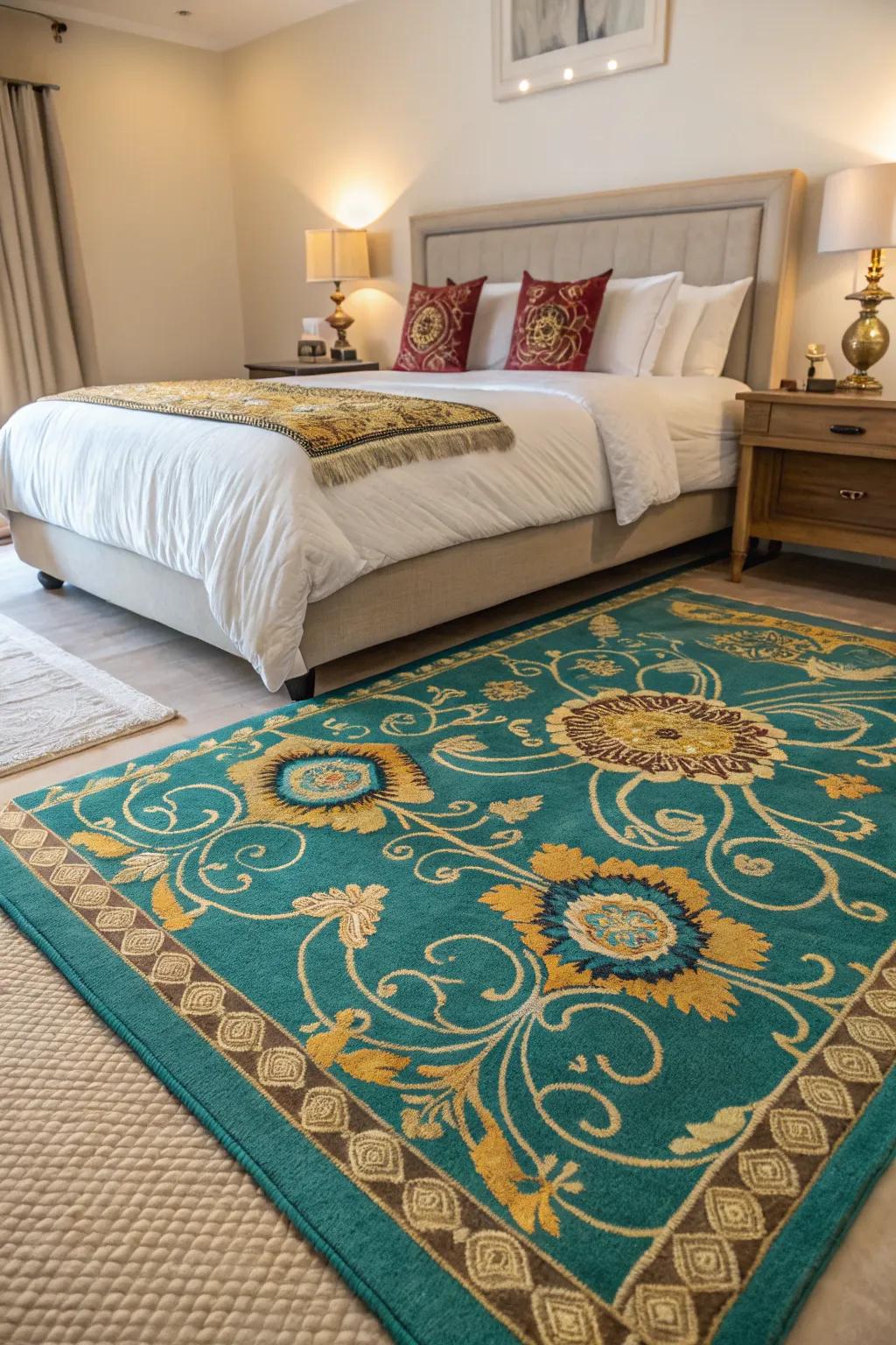 A teal and gold rug ties the room's color scheme together beautifully.