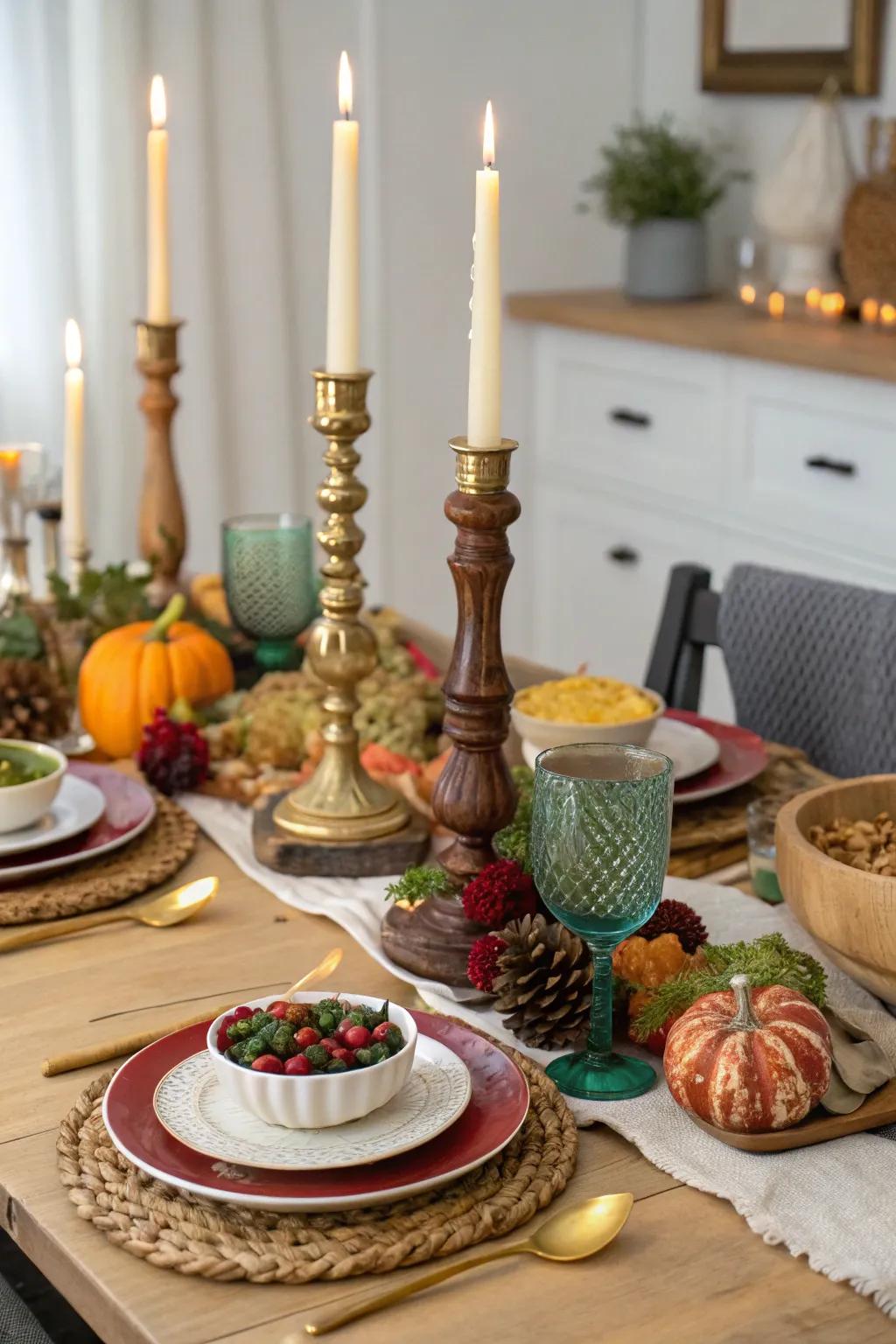 A mix of candlesticks adds eclectic style to the table.