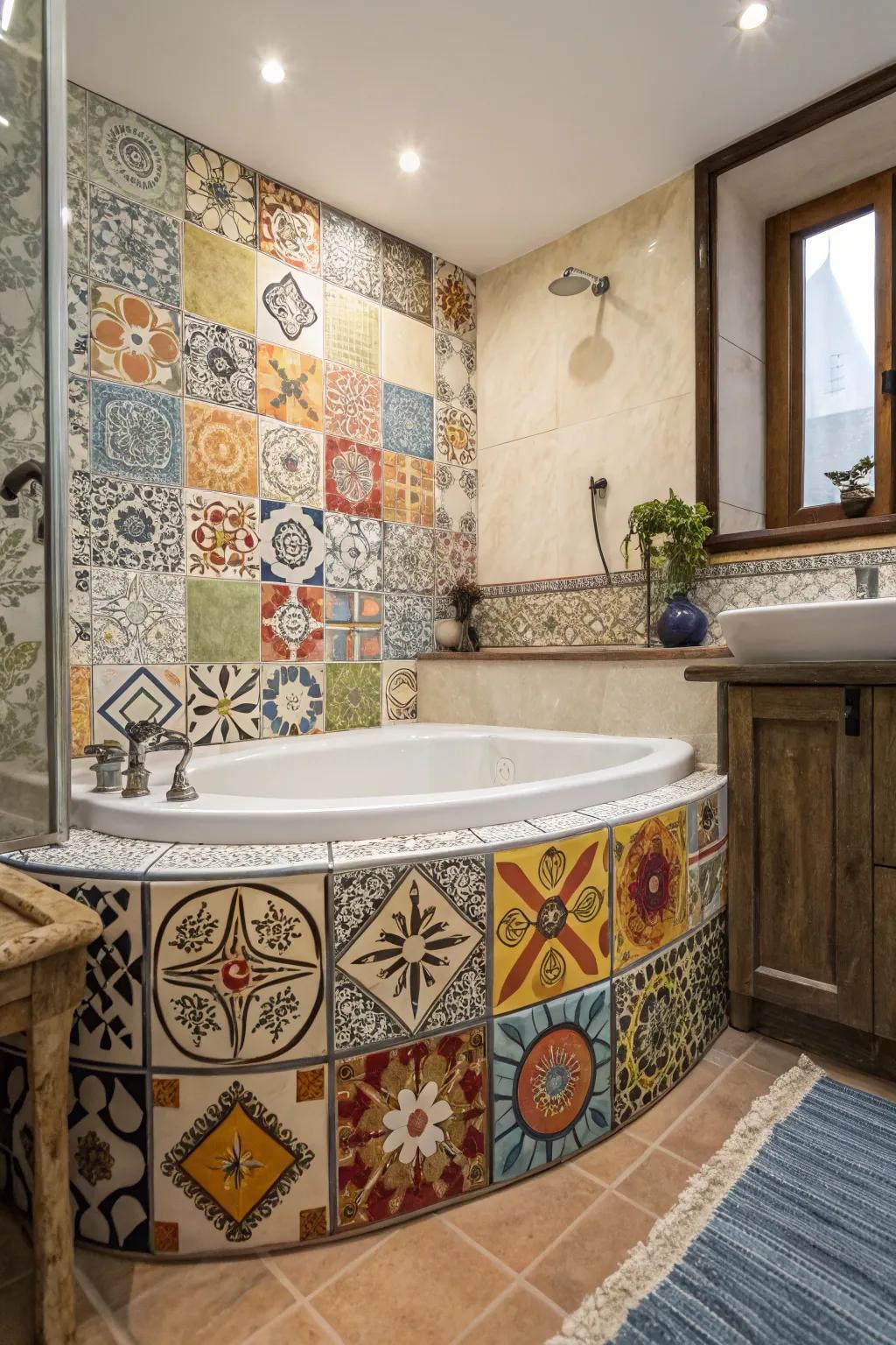 Mixed tile styles create an eclectic and personalized bathroom space.