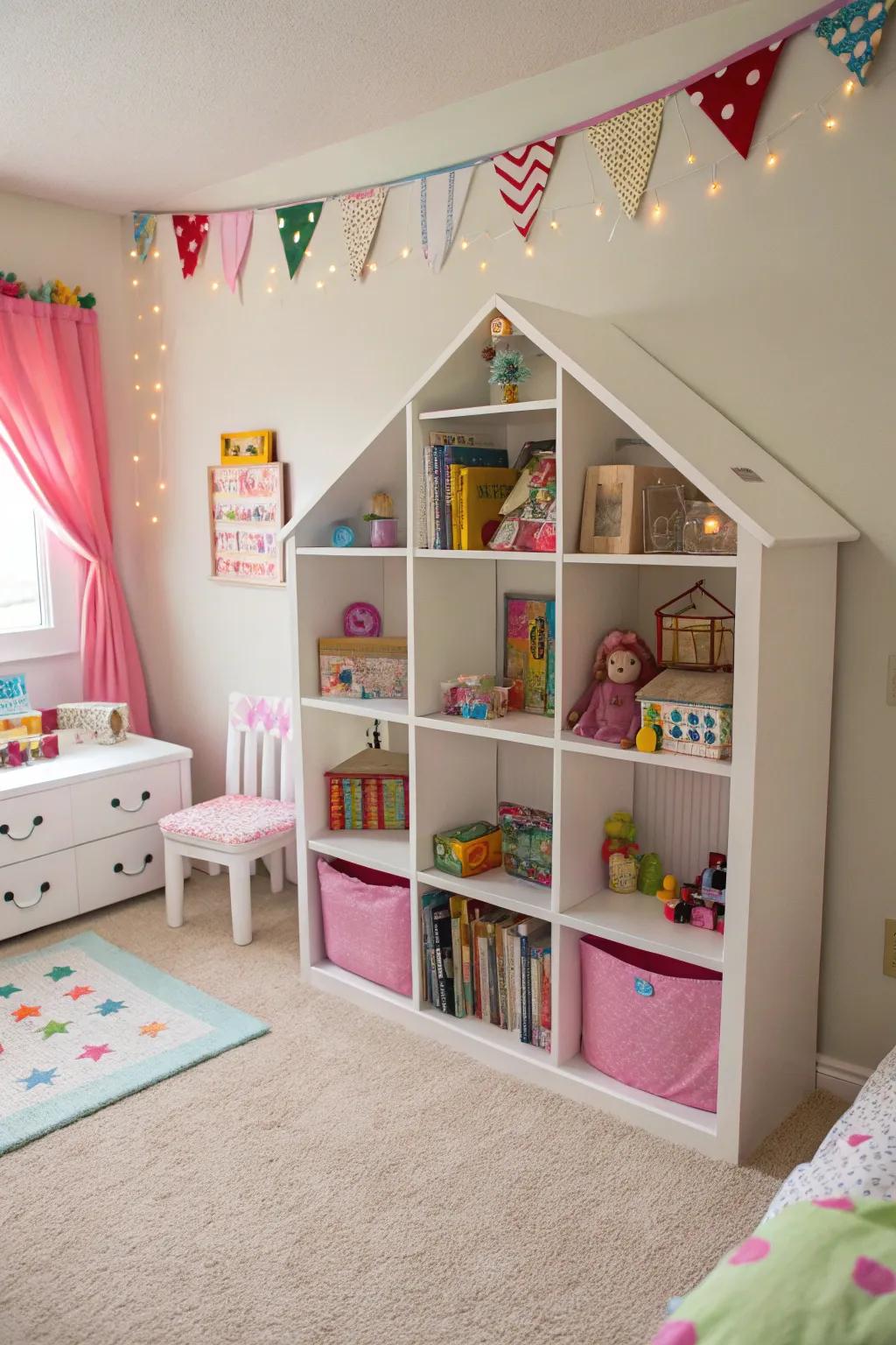 A bookcase-turned-dollhouse offers creative play and storage in one.