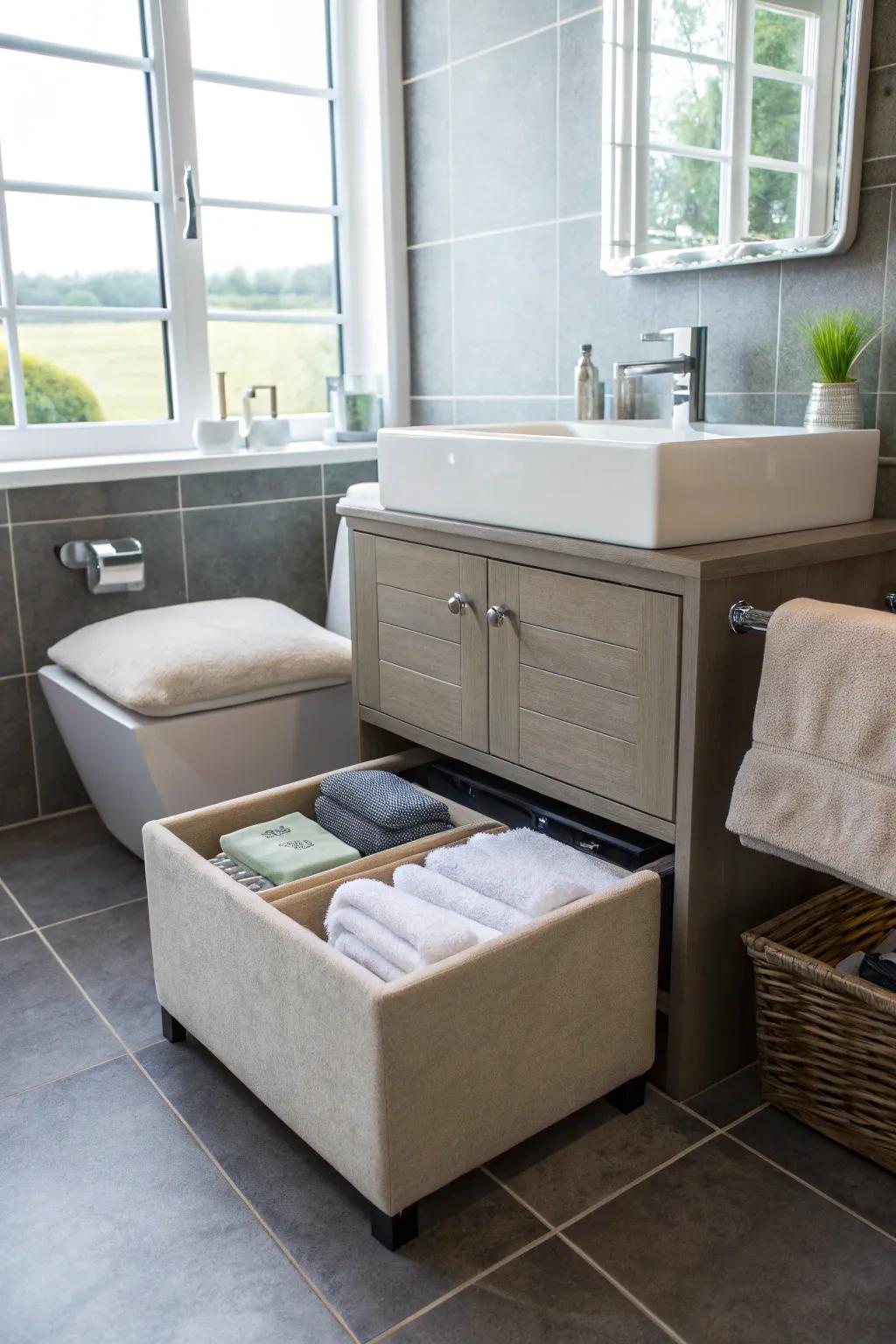 Ottomans provide stylish, hidden towel storage.