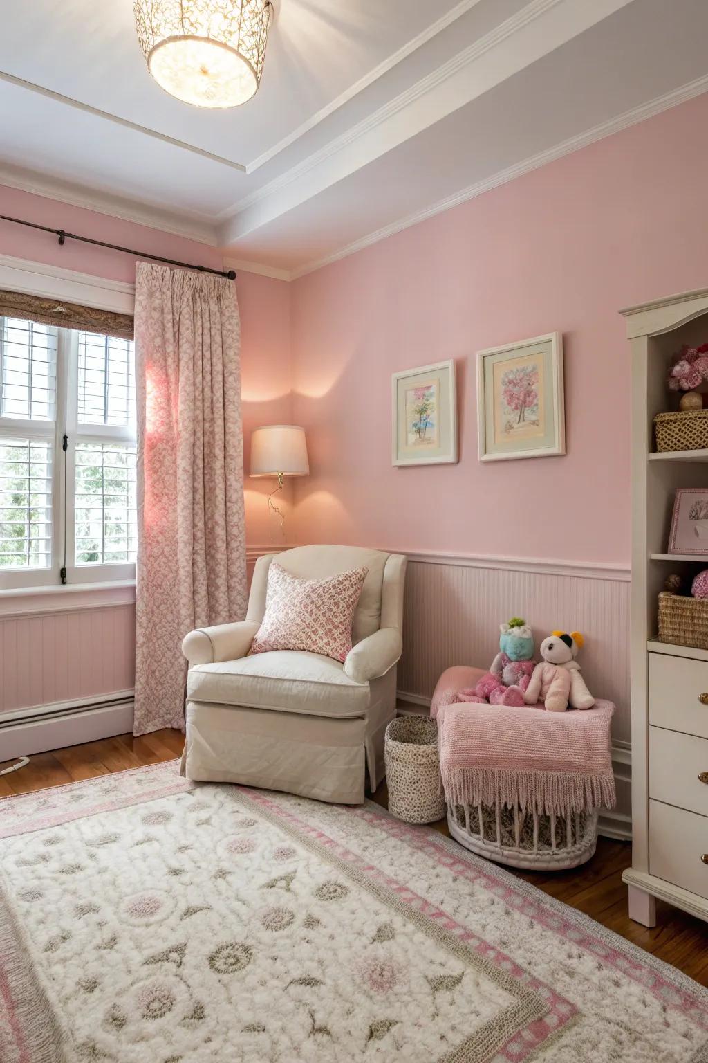 A townhouse nursery with understated pink walls for subtle warmth.