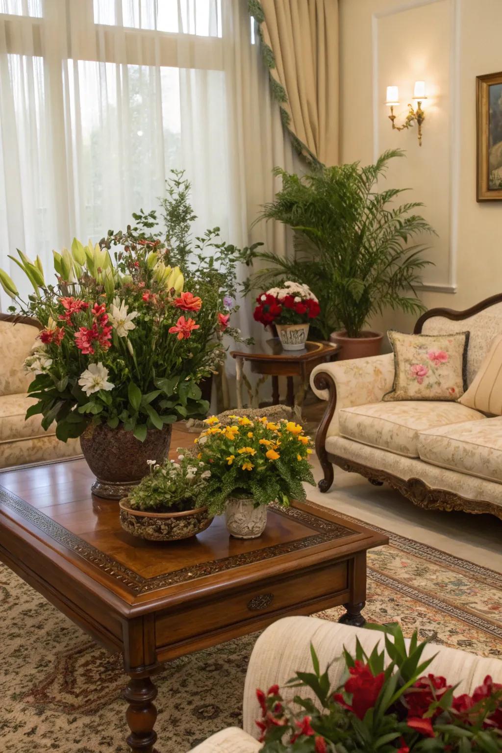 Greenery adds a fresh feel to this traditional living room.