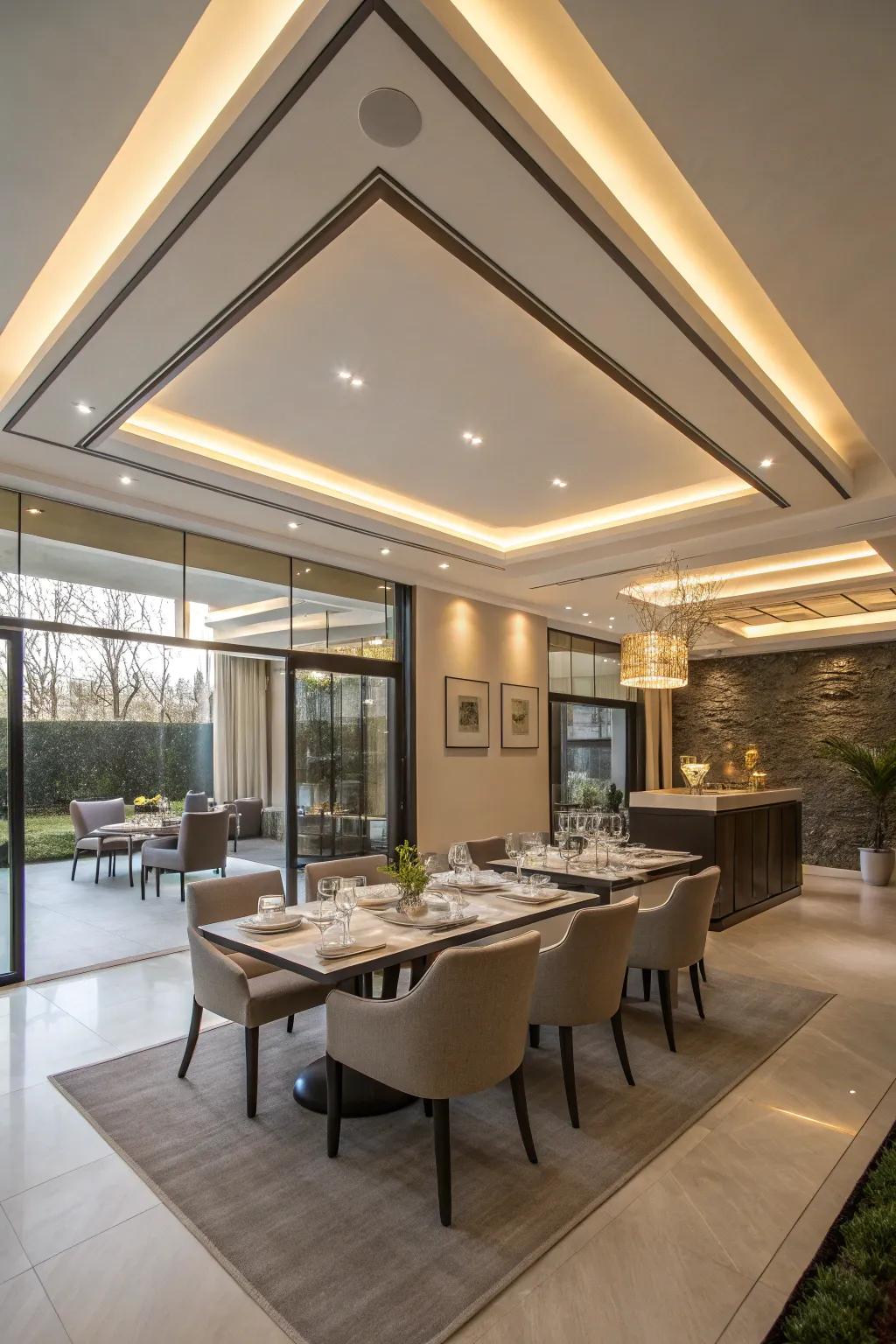 A contemporary dining area enriched by layered lighting in the tray ceiling.