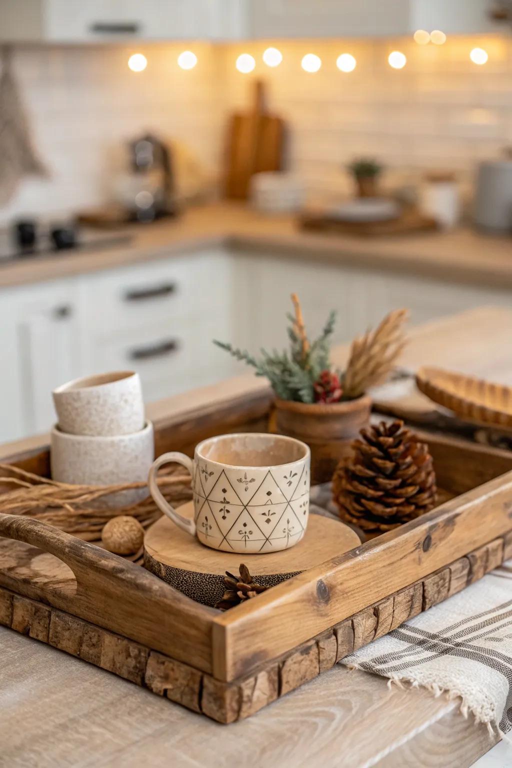 Embrace warmth with rustic tray elements.