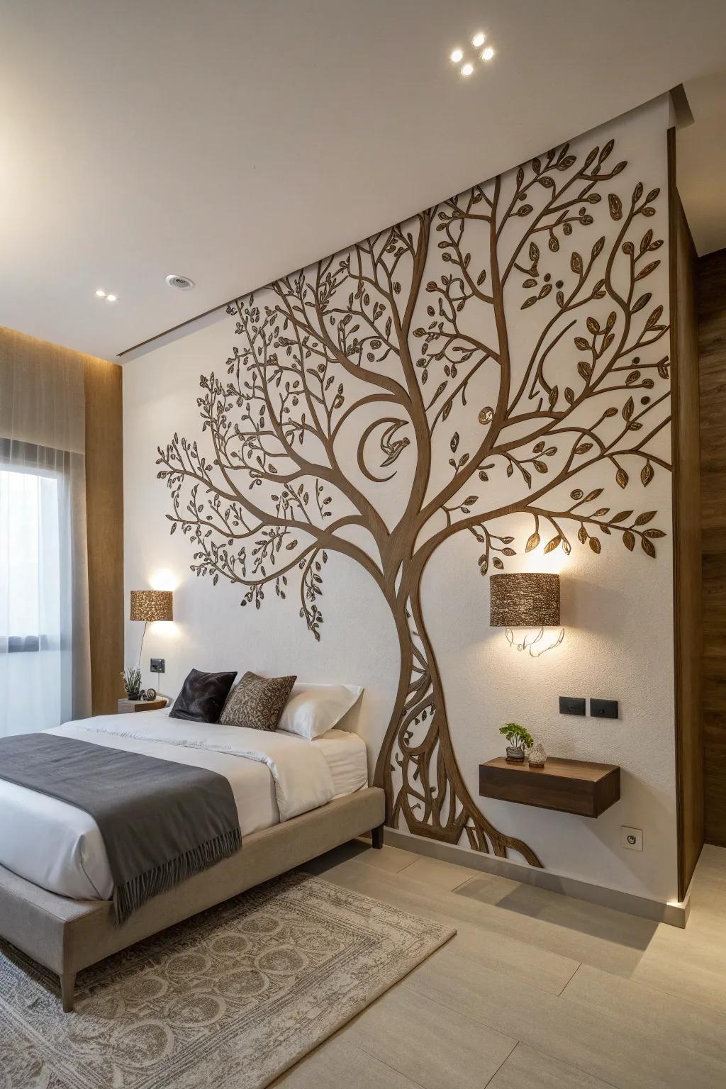 Tree of Life wall decal enhances a modern bedroom with personal flair.