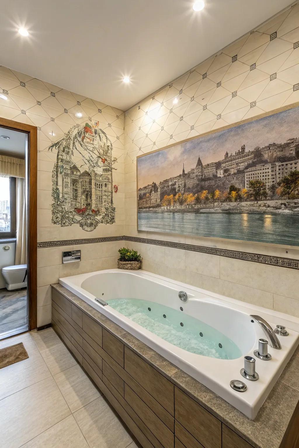 A tub deck enhanced by a captivating artistic wall mural.