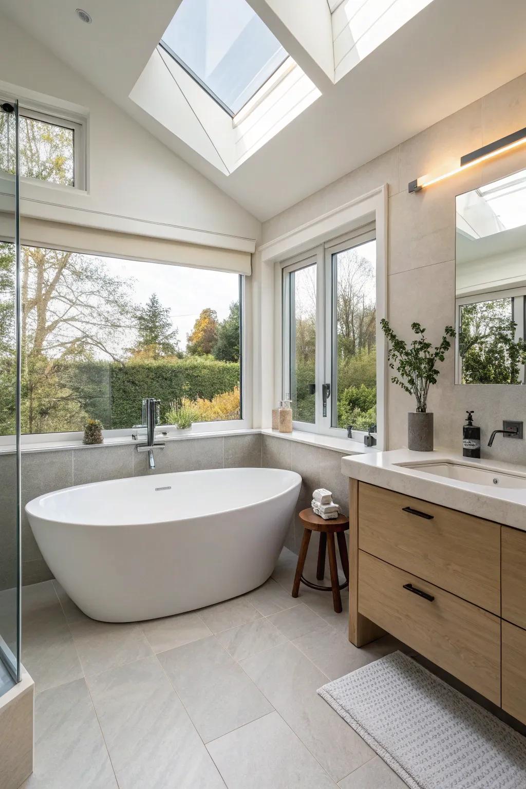 A corner tub installation maximizes space and adds a unique architectural element.