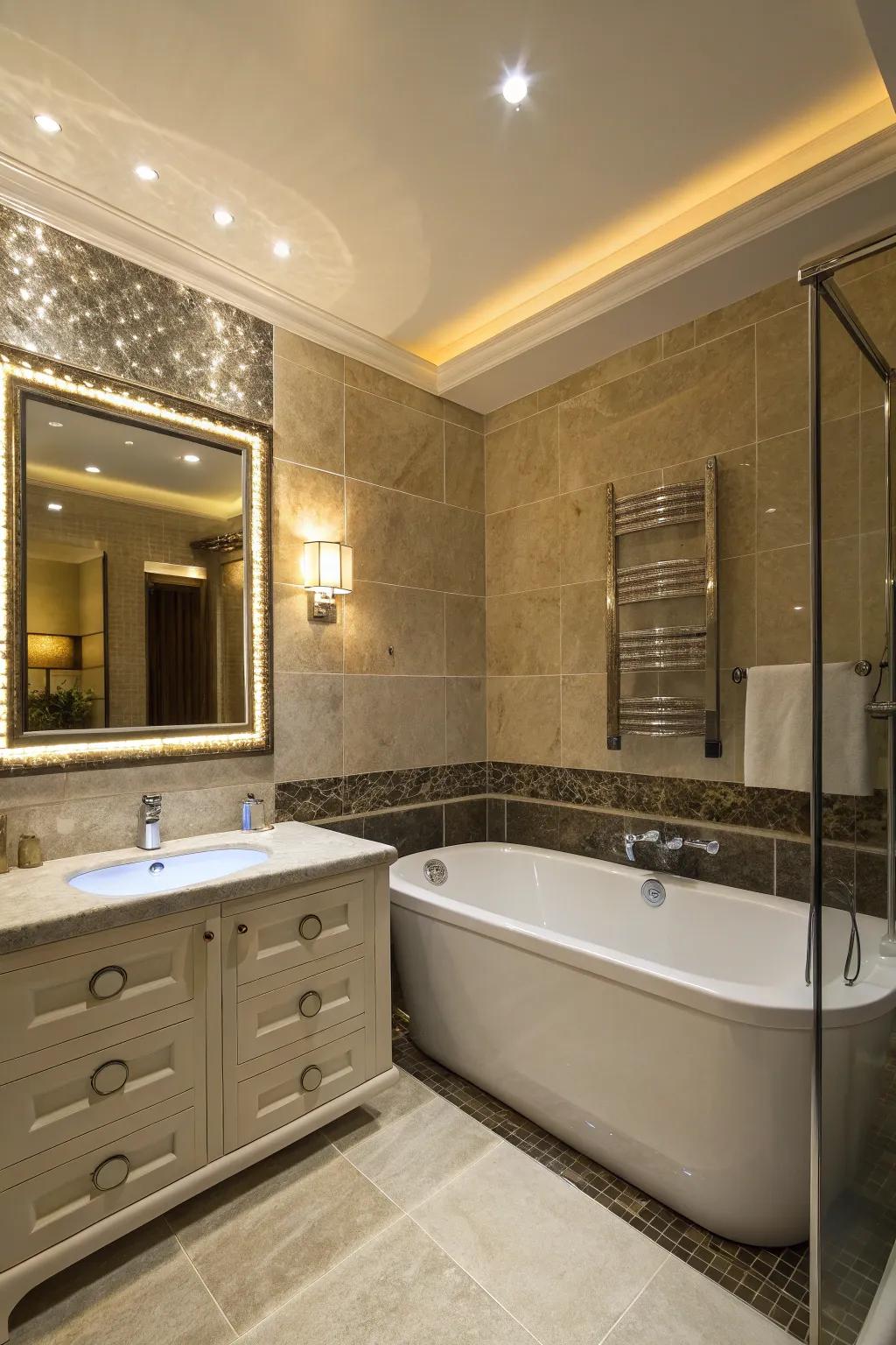 Accent lighting enhances the ambiance in this stylish bathroom.