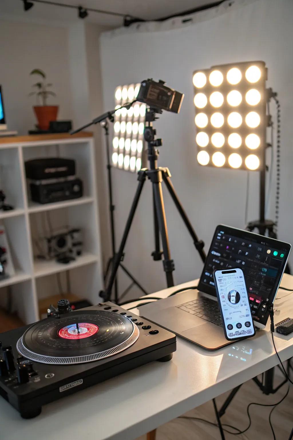 Smart lighting controlled via smartphone enhancing a turntable space.