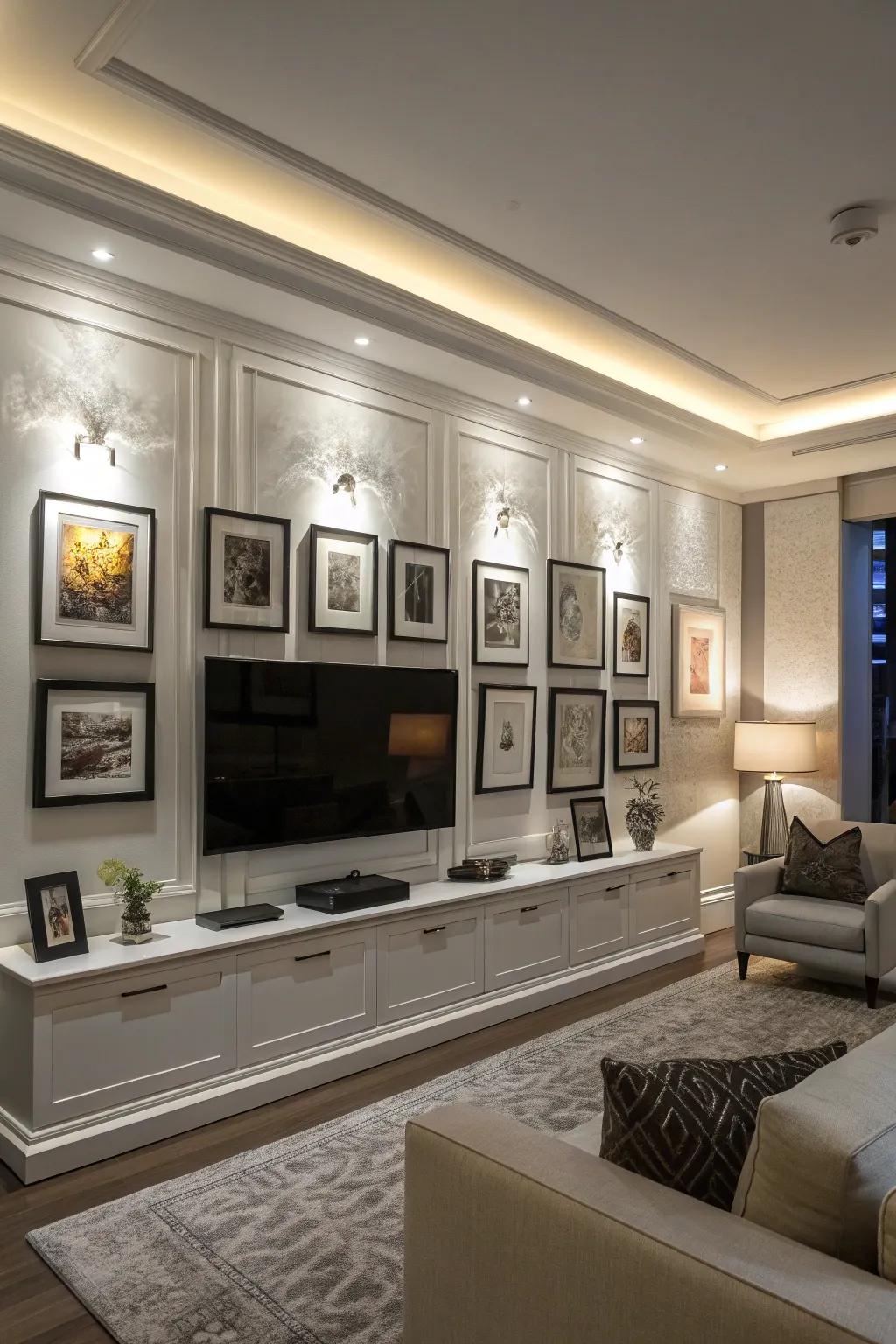 Accent lighting highlights this elegant TV gallery wall.