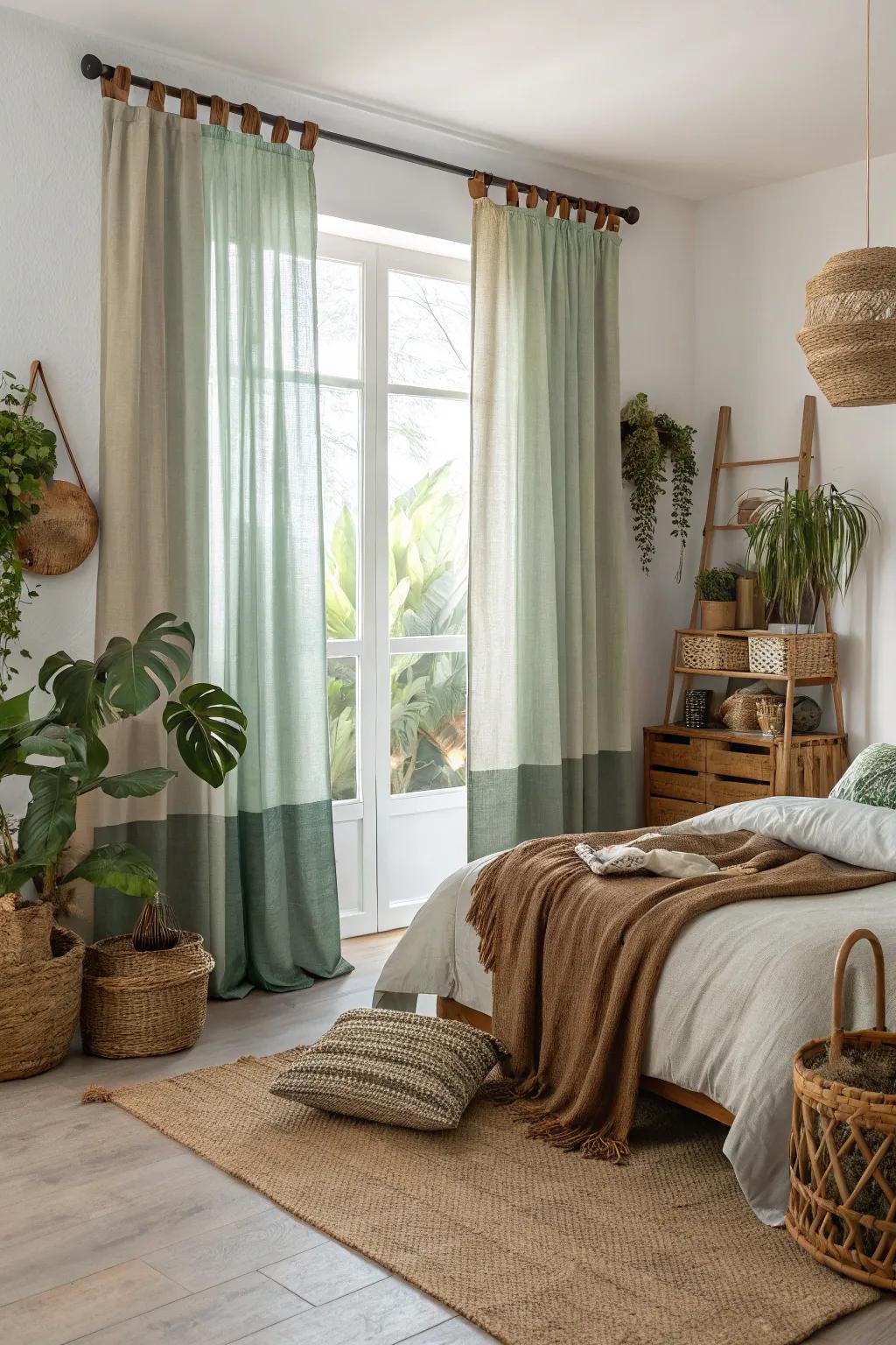 Nature-inspired two tone curtains creating a serene vibe in a tranquil bedroom.