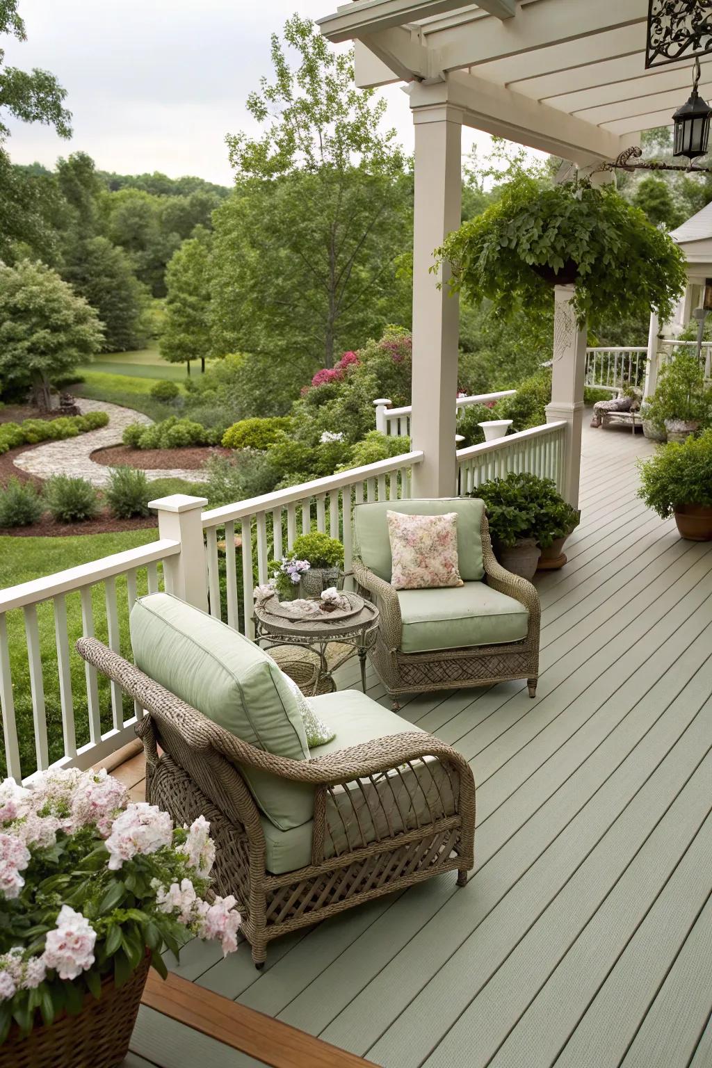 Sage and cream offer a serene and tranquil deck experience.