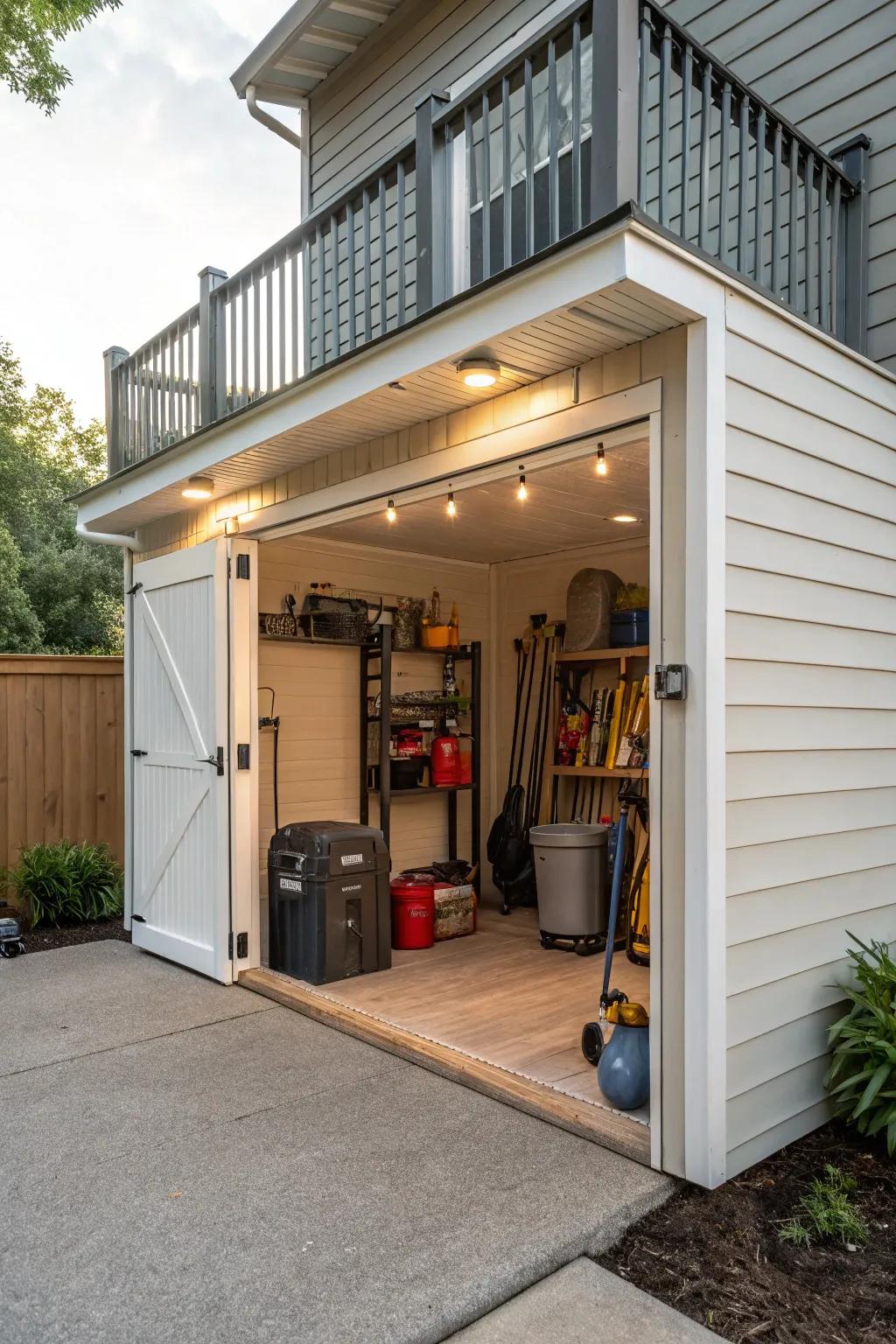 A custom shed provides tailored storage solutions for under deck areas.