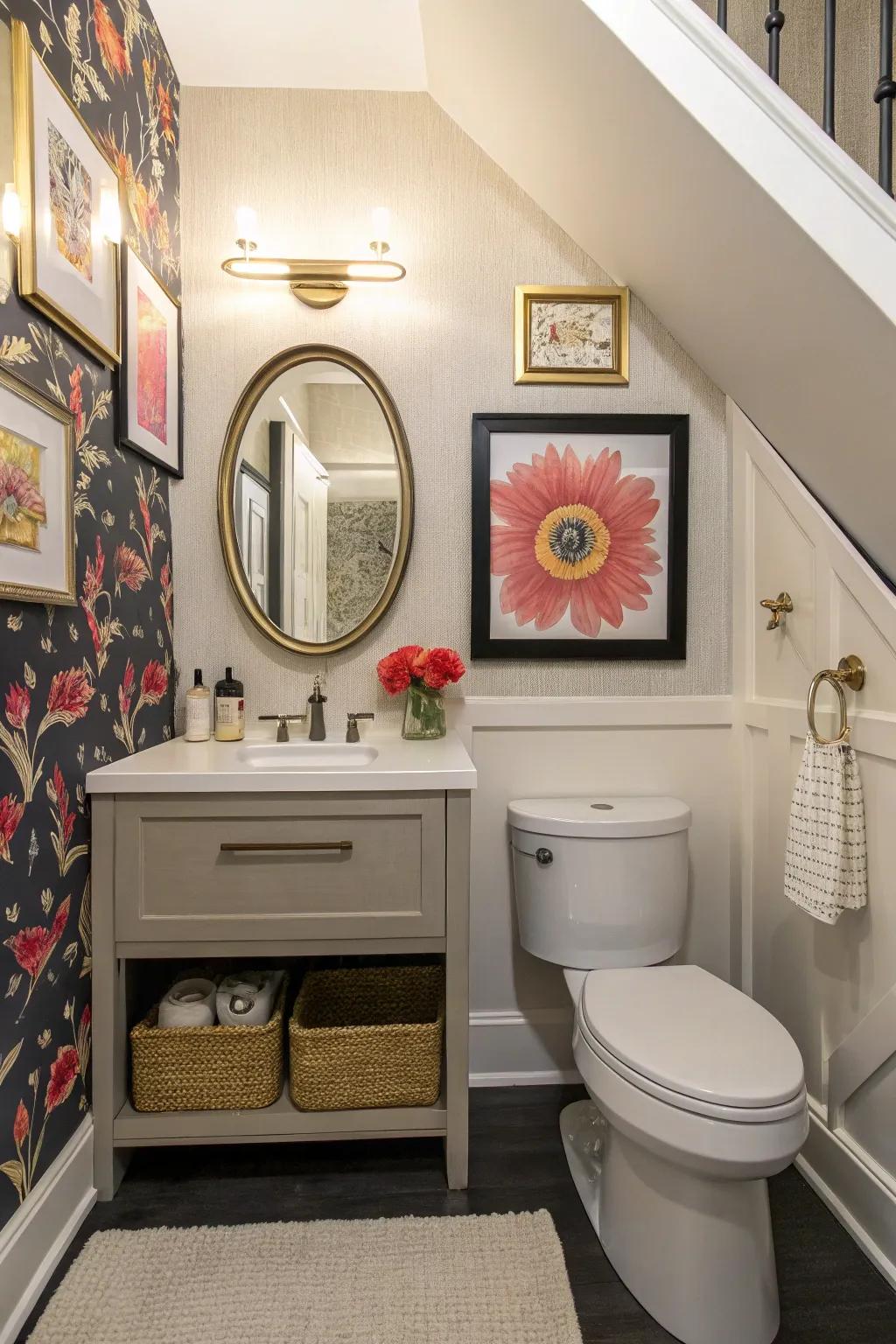 An under-stair bathroom adorned with bold wall art for a personal touch.