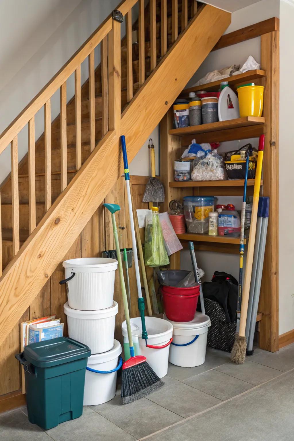 A utility closet under the stairs keeps household essentials organized.