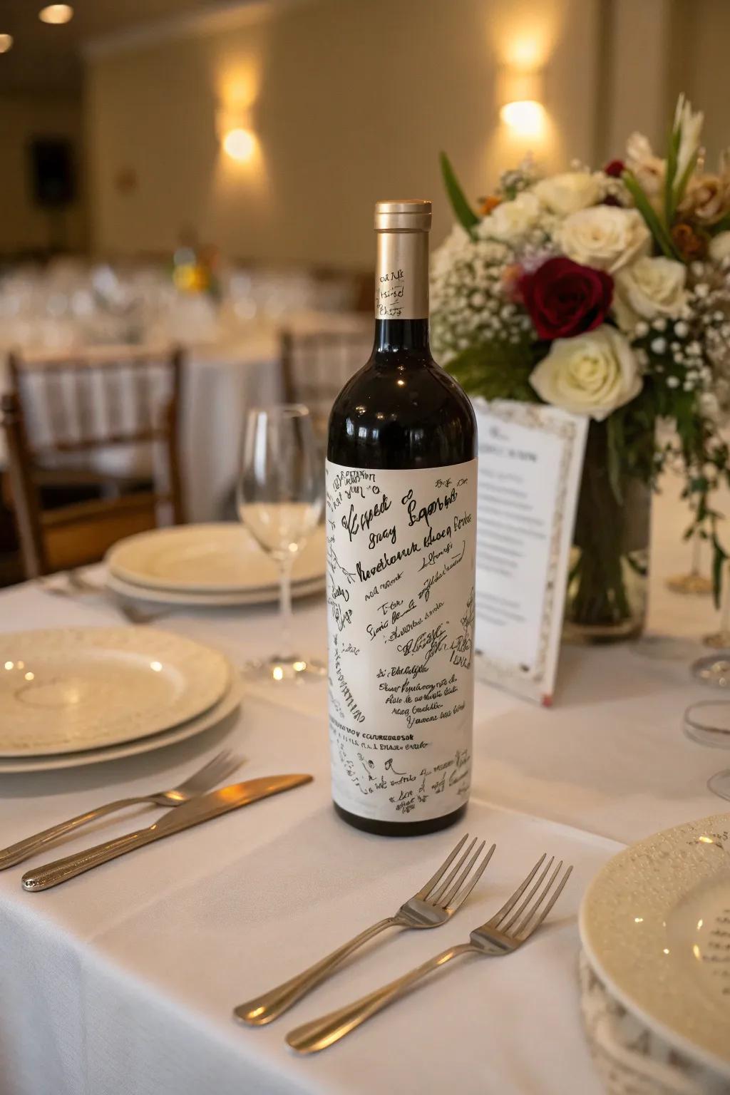 Guests sign a wine bottle to be opened on a future anniversary.