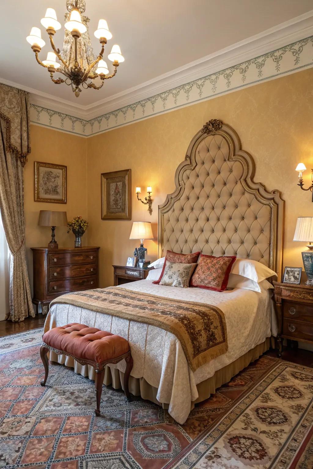 A scalloped headboard adds vintage elegance to this bedroom.