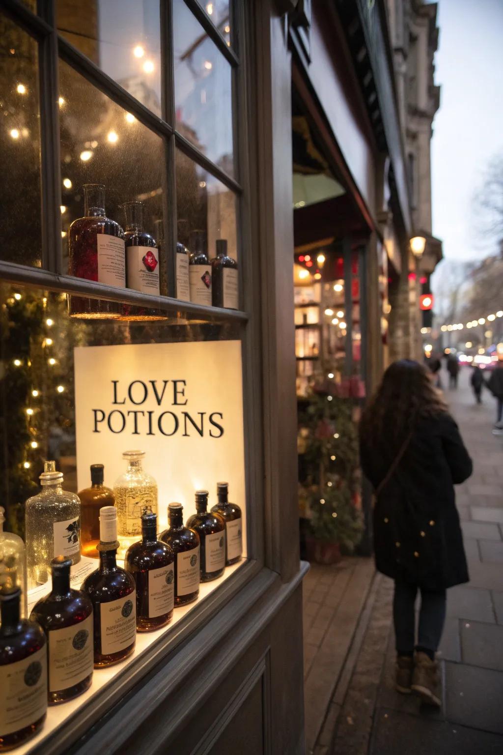 A mystical love potion display that adds intrigue to a Valentine's Day window.