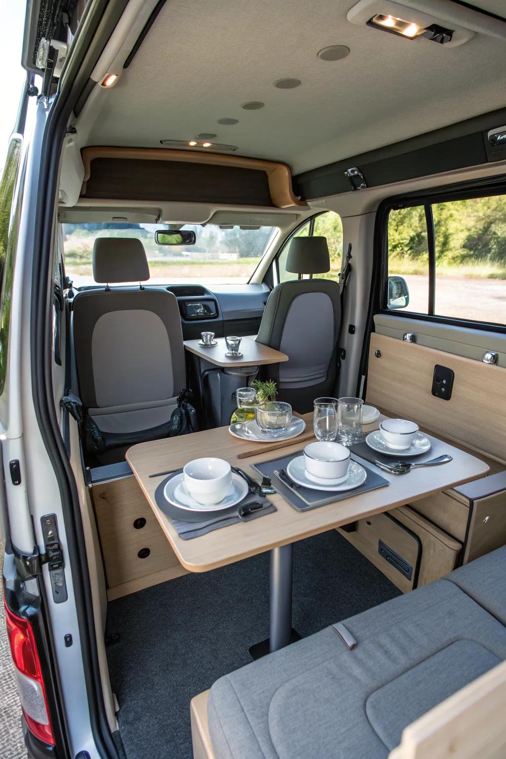 Swivel tables offer flexibility for dining and working in a van.