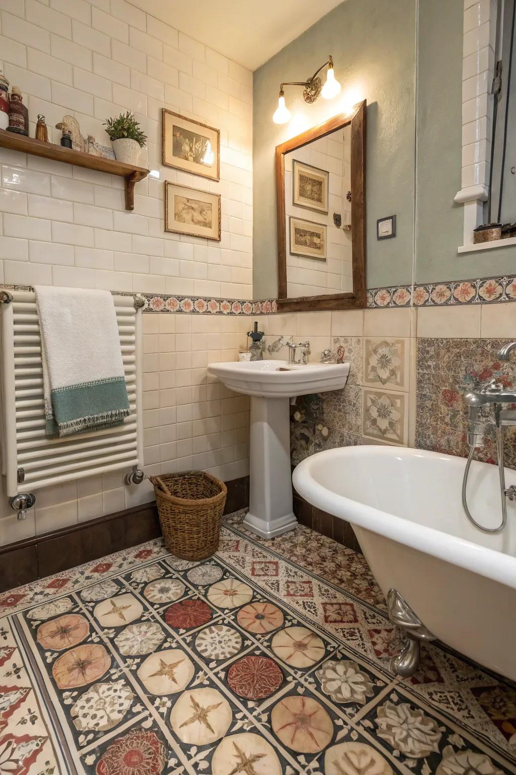 Patterned floor tiles add a touch of whimsy to vintage bathrooms.