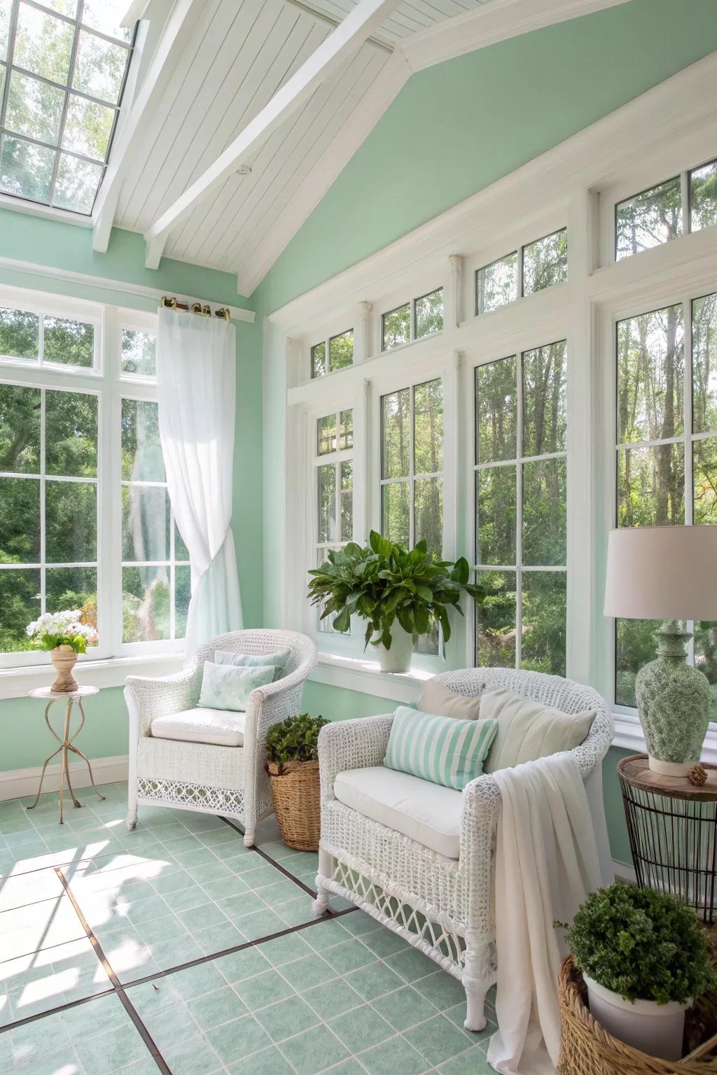 Sunroom with soft mint walls, exuding a fresh and invigorating feel.