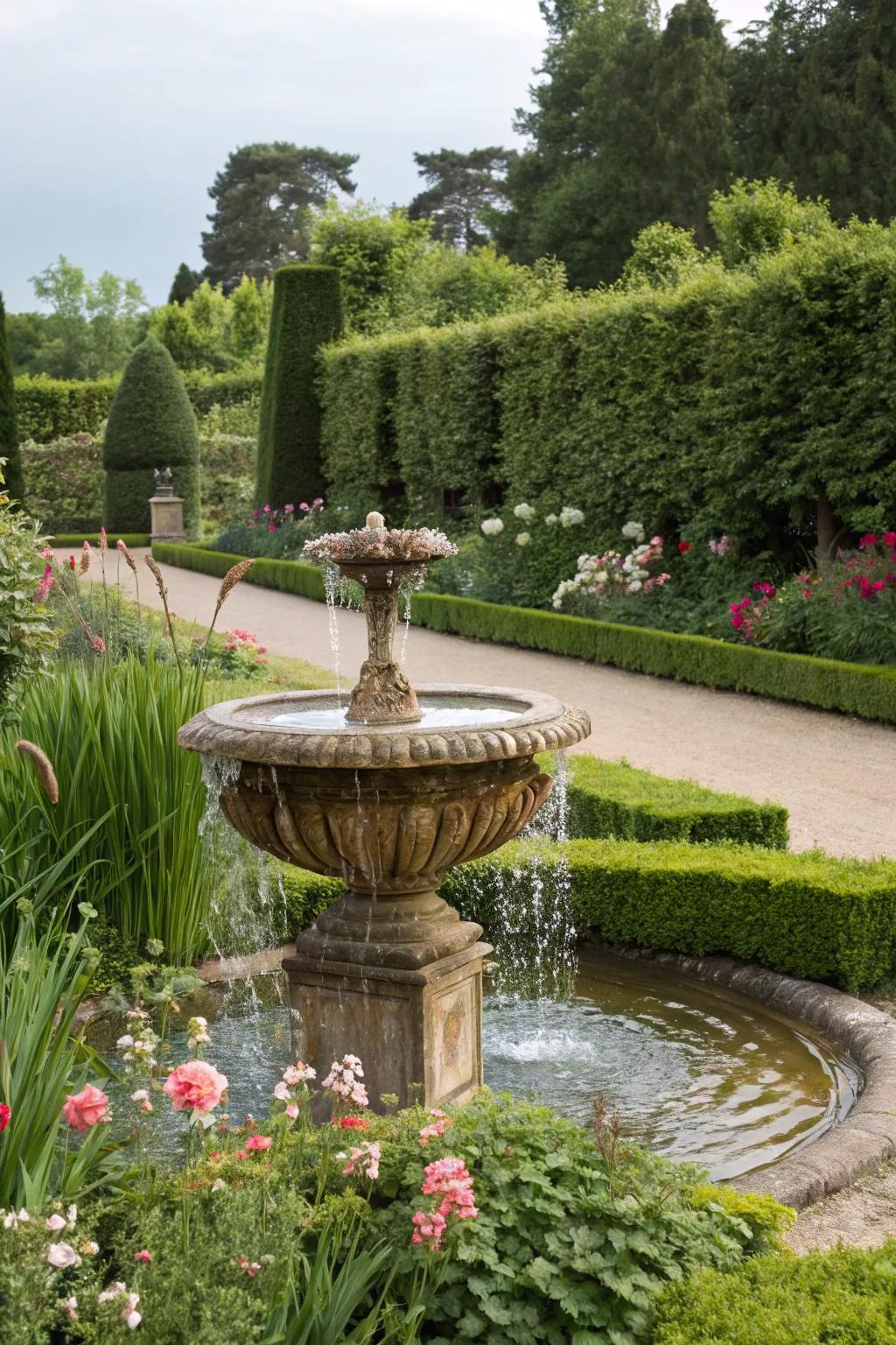 Cascading urn fountains add a soothing and rustic or contemporary touch.