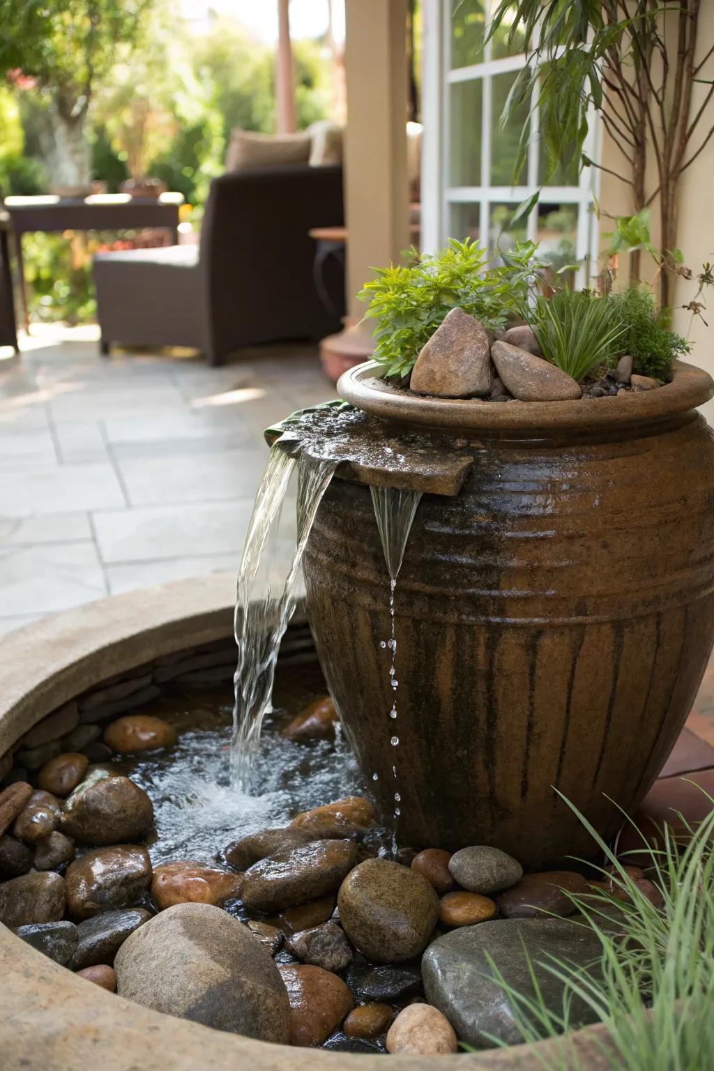 Large pots can host charming waterfalls in tight spaces.