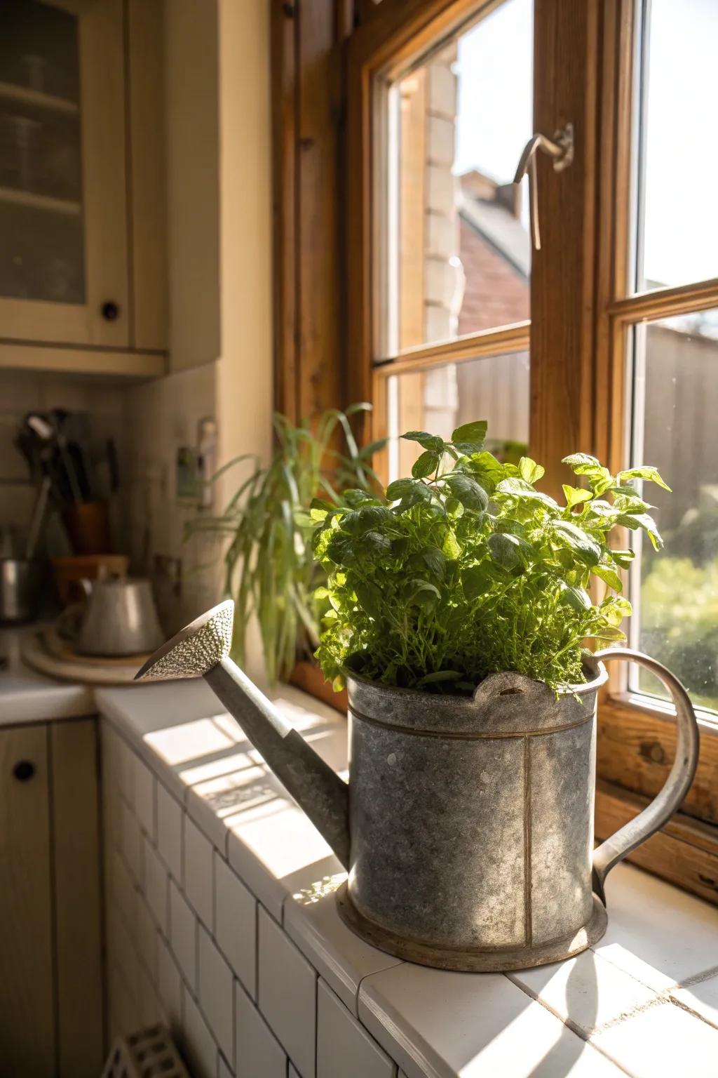 A kitchen windowsill herb garden using a watering can.